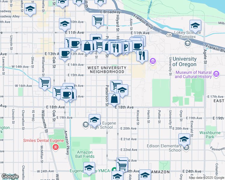 map of restaurants, bars, coffee shops, grocery stores, and more near 647 East 16th Avenue in Eugene