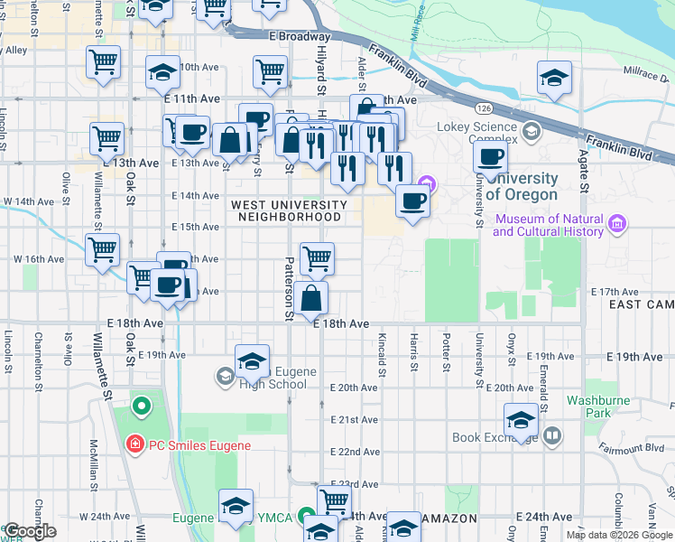 map of restaurants, bars, coffee shops, grocery stores, and more near 749 East 17th Avenue in Eugene