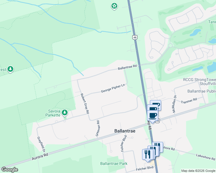 map of restaurants, bars, coffee shops, grocery stores, and more near 24 George Pipher Lane in Whitchurch-Stouffville