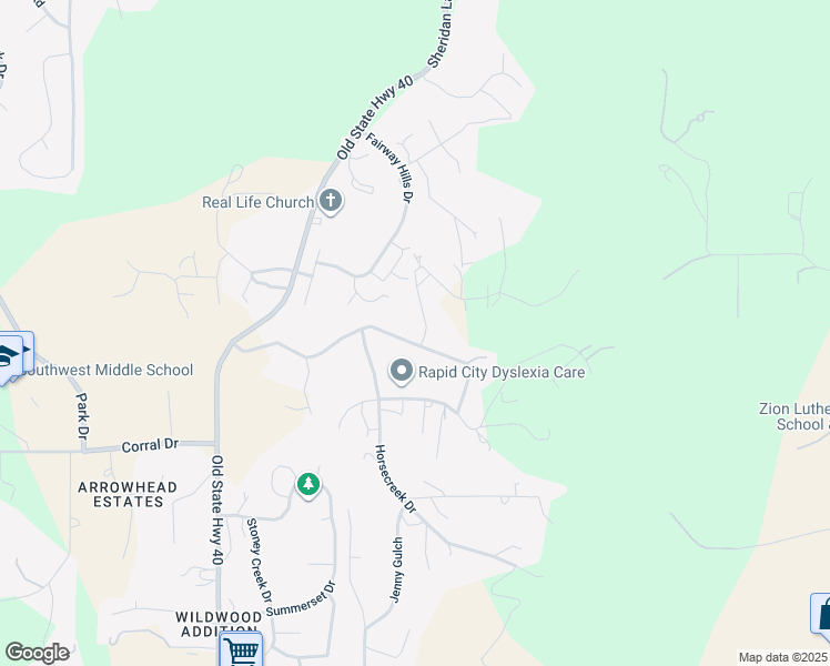 map of restaurants, bars, coffee shops, grocery stores, and more near 2708 Springbrook Road in Rapid City