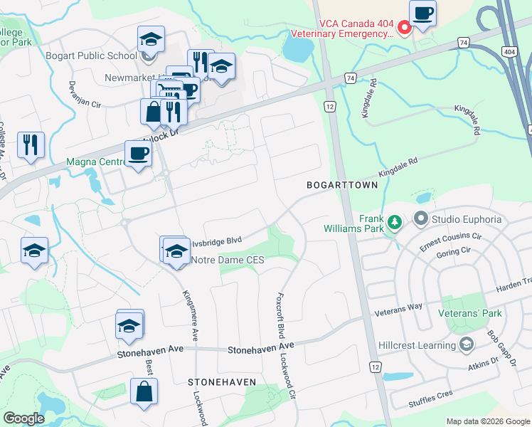 map of restaurants, bars, coffee shops, grocery stores, and more near 1035 Northern Prospect Crescent in Newmarket