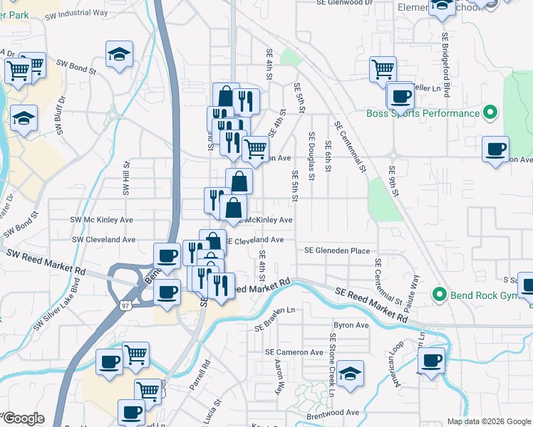 map of restaurants, bars, coffee shops, grocery stores, and more near 410 Southeast McKinley Avenue in Bend