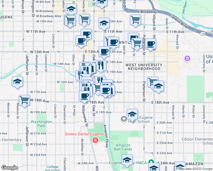 map of restaurants, bars, coffee shops, grocery stores, and more near 1686 Pearl Street in Eugene