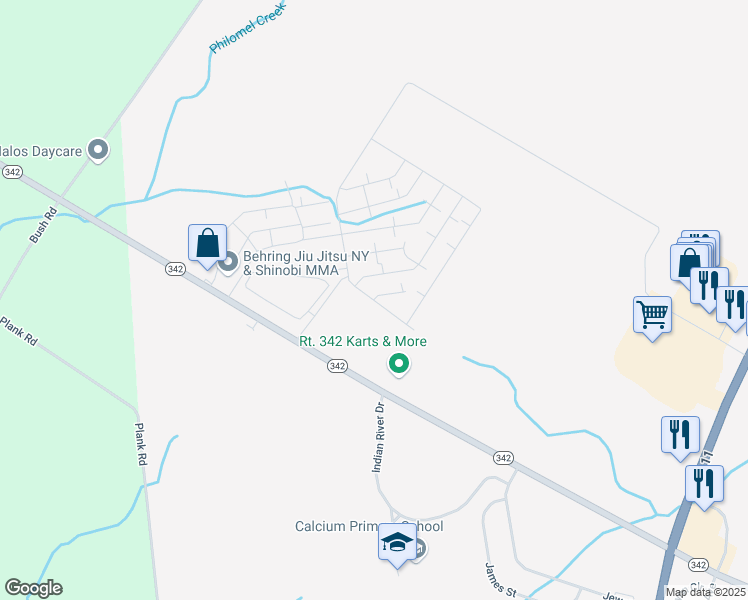 map of restaurants, bars, coffee shops, grocery stores, and more near 26098 Tawny Court in Evans Mills