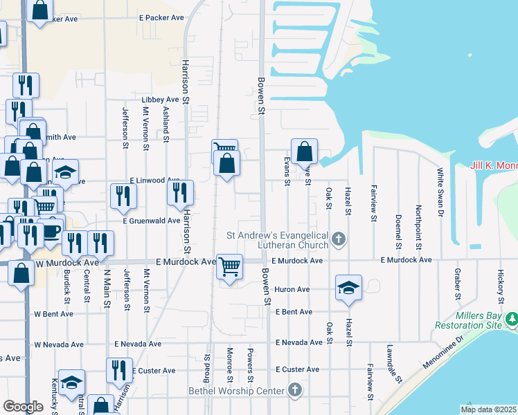 map of restaurants, bars, coffee shops, grocery stores, and more near 1951 Bowen Street in Oshkosh