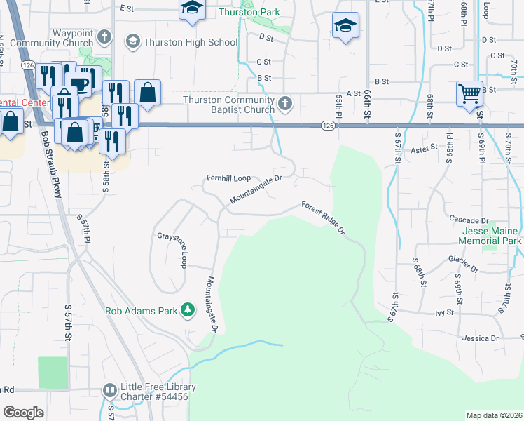 map of restaurants, bars, coffee shops, grocery stores, and more near 6300 Forest Ridge Drive in Springfield
