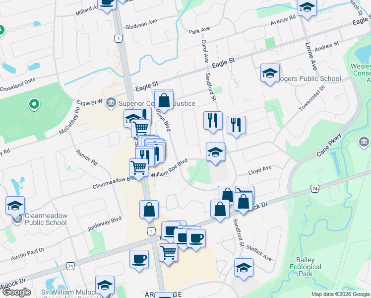 map of restaurants, bars, coffee shops, grocery stores, and more near in Newmarket