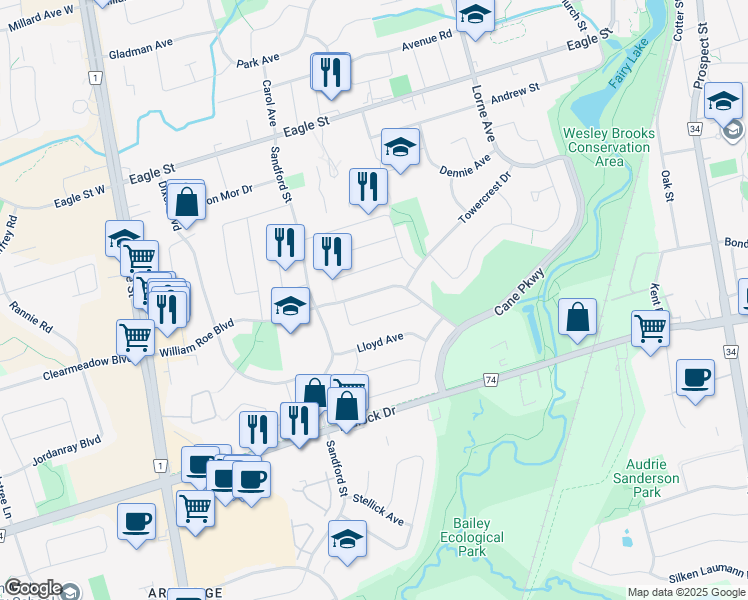 map of restaurants, bars, coffee shops, grocery stores, and more near 214 William Roe Boulevard in Newmarket