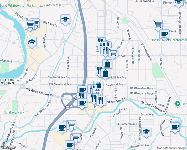 map of restaurants, bars, coffee shops, grocery stores, and more near 135 Southeast McKinley Avenue in Bend