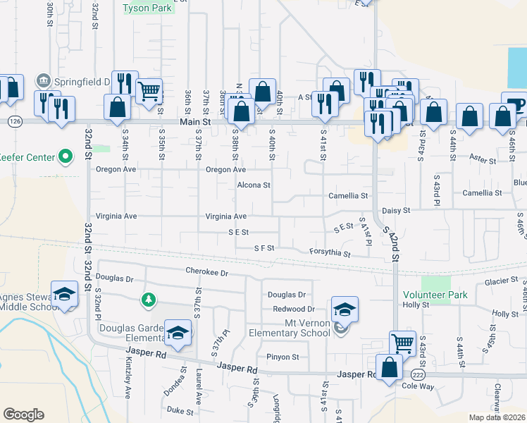 map of restaurants, bars, coffee shops, grocery stores, and more near 3965 Virginia Avenue in Springfield