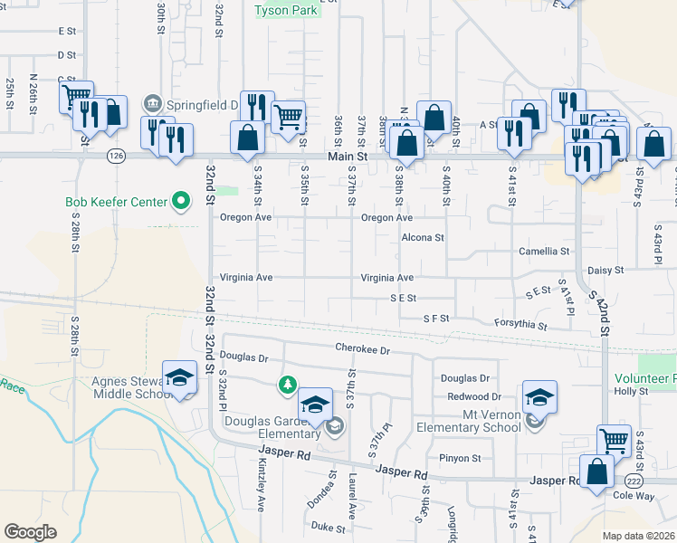map of restaurants, bars, coffee shops, grocery stores, and more near 3625 Virginia Avenue in Springfield