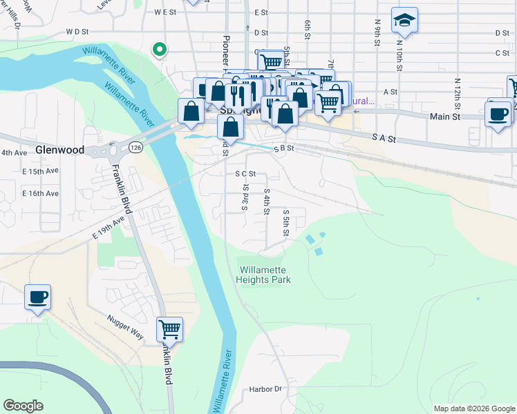 map of restaurants, bars, coffee shops, grocery stores, and more near 536 South 4th Street in Springfield