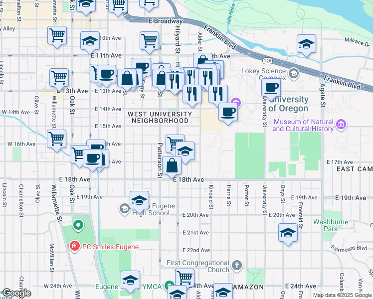 map of restaurants, bars, coffee shops, grocery stores, and more near 749 East 17th Avenue in Eugene