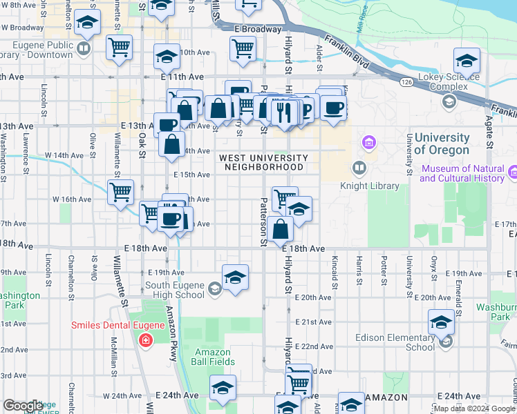 map of restaurants, bars, coffee shops, grocery stores, and more near 1670 Patterson Street in Eugene