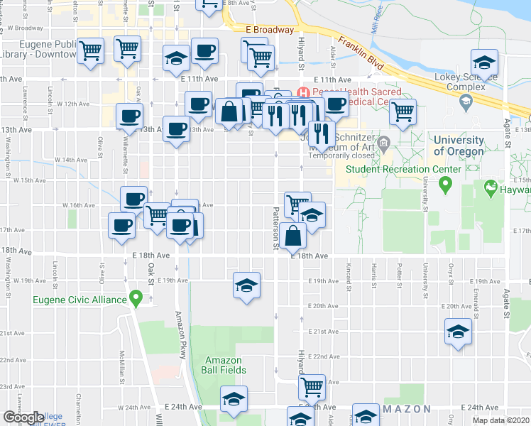 map of restaurants, bars, coffee shops, grocery stores, and more near 1670 Patterson Street in Eugene