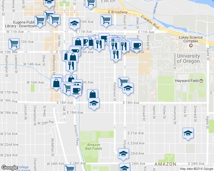 map of restaurants, bars, coffee shops, grocery stores, and more near 6168 Ferry Street in Eugene