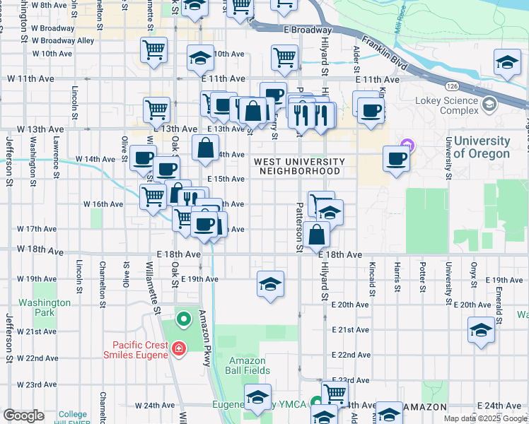 map of restaurants, bars, coffee shops, grocery stores, and more near 6168 Ferry Street in Eugene