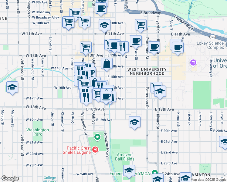 map of restaurants, bars, coffee shops, grocery stores, and more near in Eugene