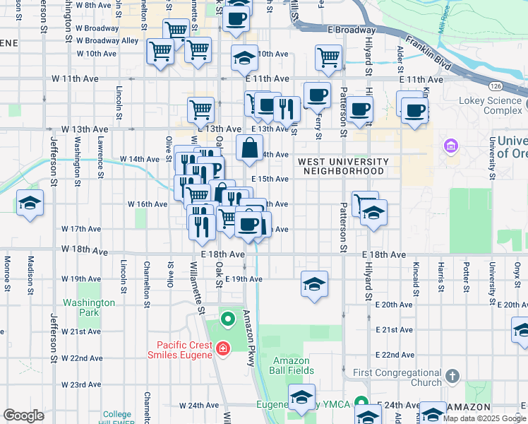 map of restaurants, bars, coffee shops, grocery stores, and more near in Eugene