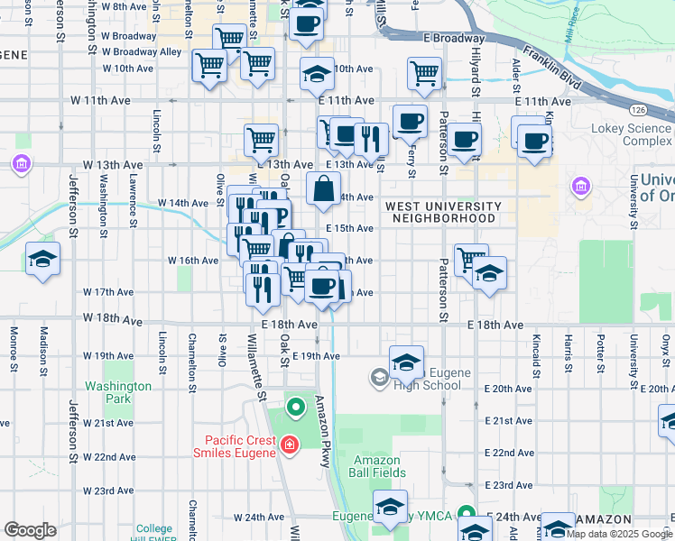 map of restaurants, bars, coffee shops, grocery stores, and more near in Eugene
