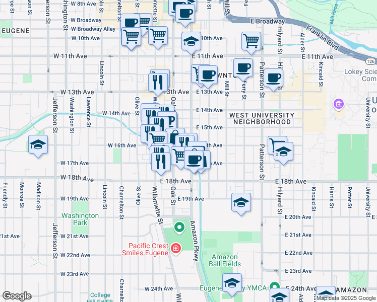map of restaurants, bars, coffee shops, grocery stores, and more near 1686 Pearl Street in Eugene