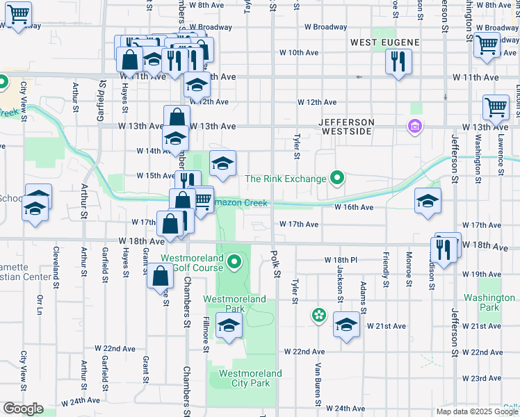 map of restaurants, bars, coffee shops, grocery stores, and more near 1380 West 17th Avenue in Eugene