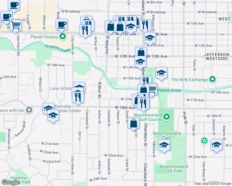 map of restaurants, bars, coffee shops, grocery stores, and more near 1885 West 17th Avenue in Eugene