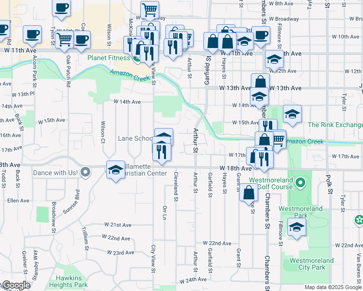 map of restaurants, bars, coffee shops, grocery stores, and more near 2198 West 17th Court in Eugene