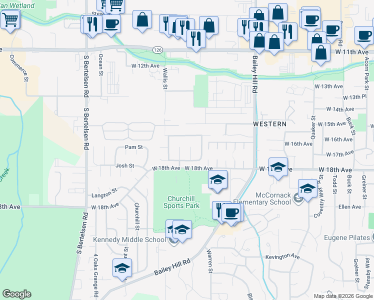 map of restaurants, bars, coffee shops, grocery stores, and more near 3853 Peppertree Drive in Eugene