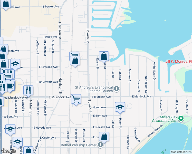 map of restaurants, bars, coffee shops, grocery stores, and more near 1850 Bowen Street in Oshkosh