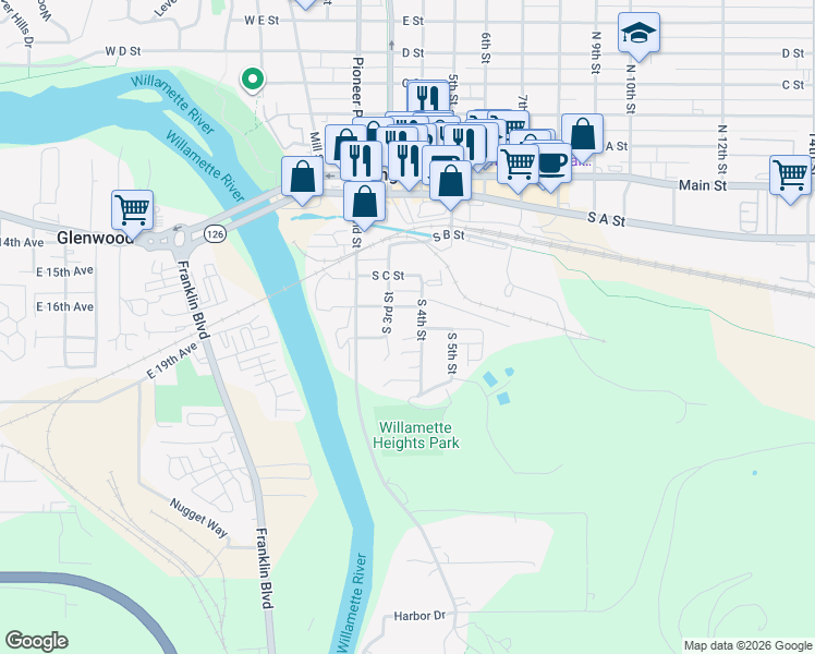 map of restaurants, bars, coffee shops, grocery stores, and more near 536 South 4th Street in Springfield
