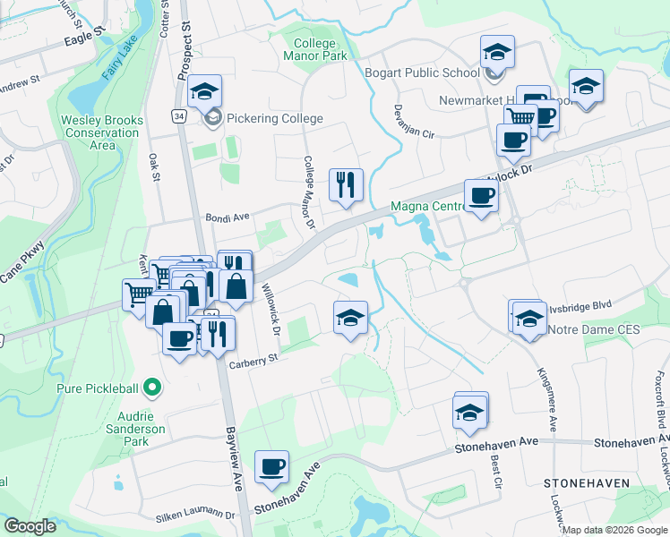 map of restaurants, bars, coffee shops, grocery stores, and more near 578 Tapestry Lane in Newmarket
