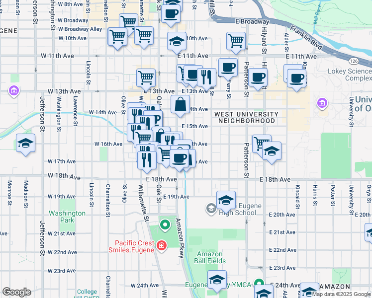 map of restaurants, bars, coffee shops, grocery stores, and more near in Eugene