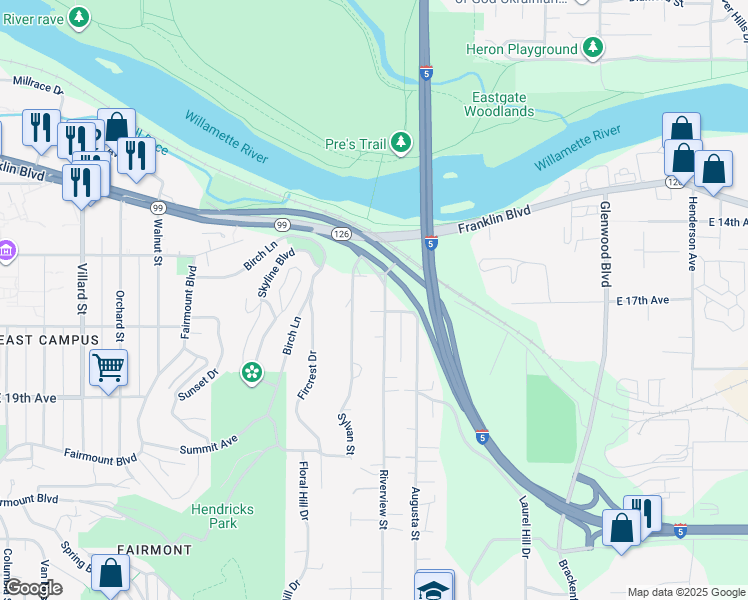 map of restaurants, bars, coffee shops, grocery stores, and more near 1572 Riverview Street in Eugene