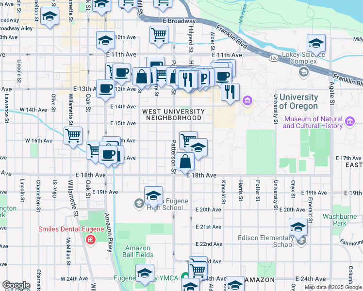 map of restaurants, bars, coffee shops, grocery stores, and more near 638 East 16th Avenue in Eugene