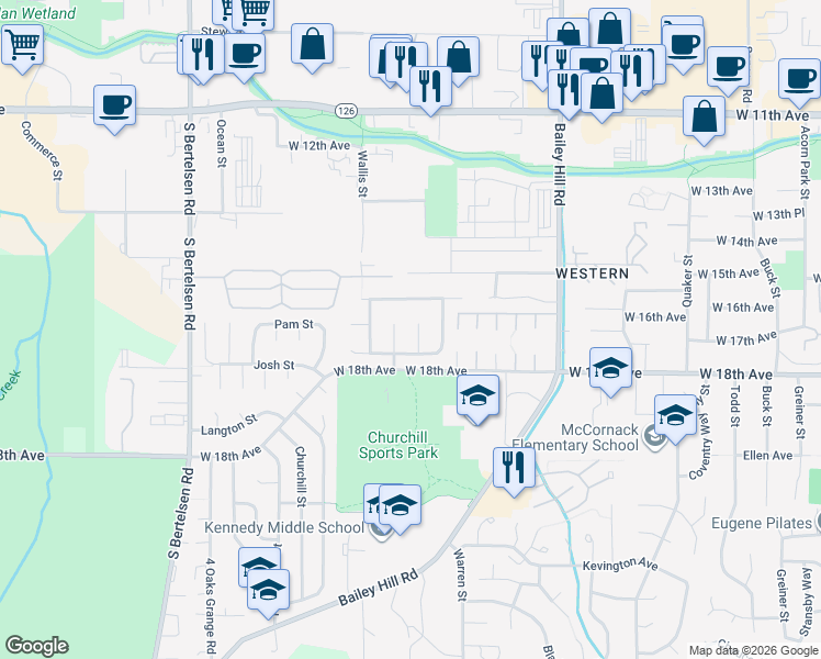 map of restaurants, bars, coffee shops, grocery stores, and more near 3853 Peppertree Drive in Eugene