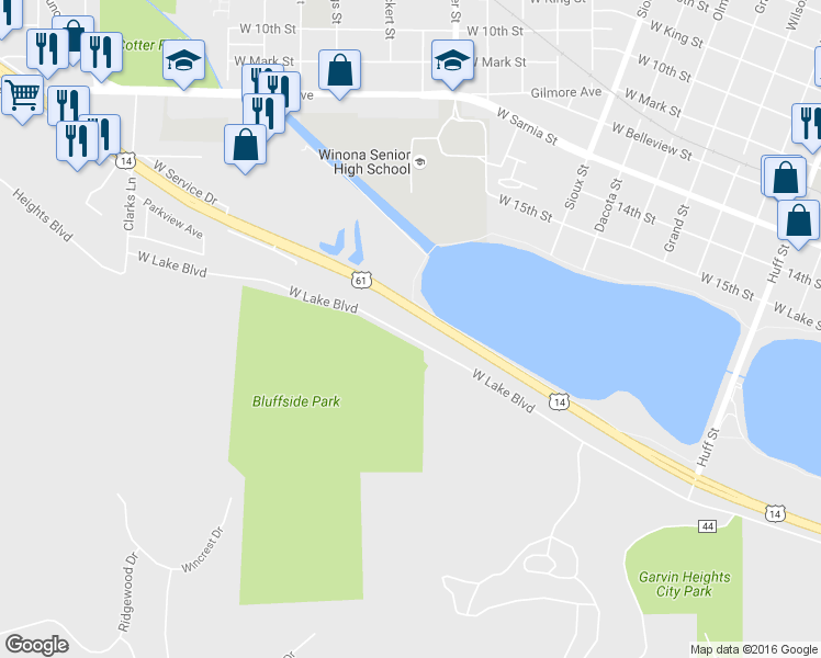 map of restaurants, bars, coffee shops, grocery stores, and more near 980 West Lake Boulevard in Winona