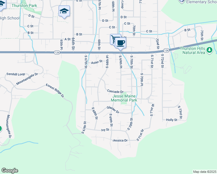 map of restaurants, bars, coffee shops, grocery stores, and more near 475 Cascade Drive in Springfield