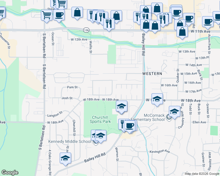 map of restaurants, bars, coffee shops, grocery stores, and more near 3745 Peppertree Drive in Eugene