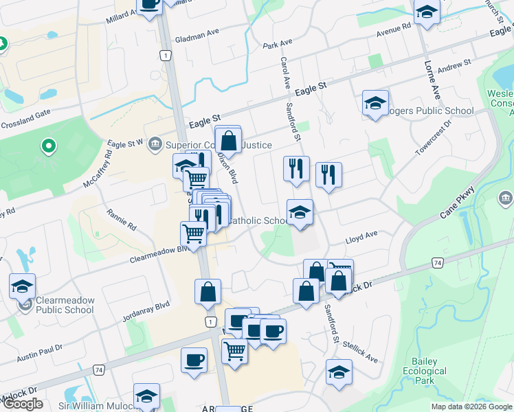 map of restaurants, bars, coffee shops, grocery stores, and more near 77 Beswick Drive in Newmarket