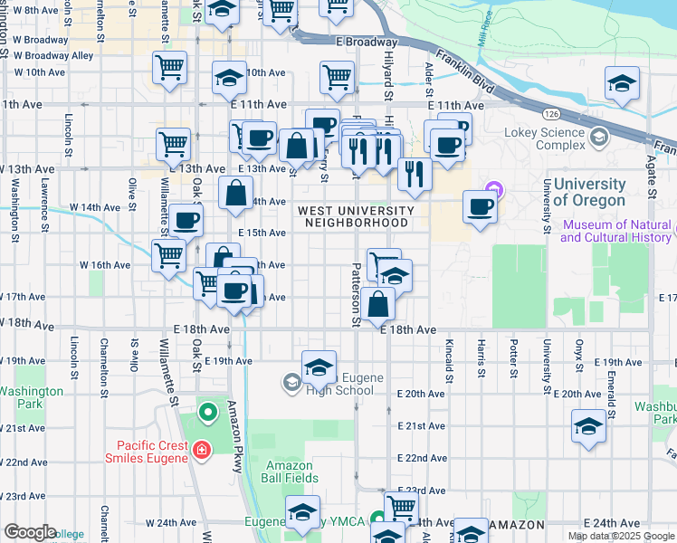 map of restaurants, bars, coffee shops, grocery stores, and more near 1670 Patterson Street in Eugene