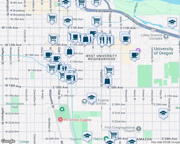 map of restaurants, bars, coffee shops, grocery stores, and more near 6168 Ferry Street in Eugene