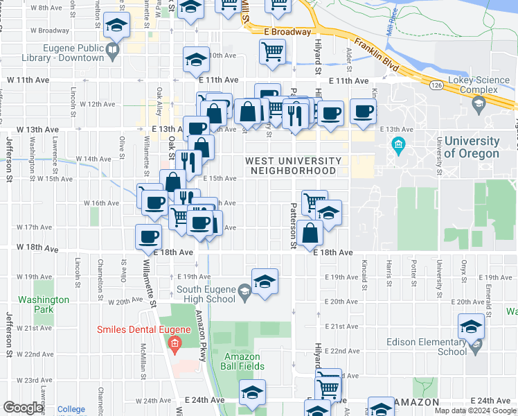 map of restaurants, bars, coffee shops, grocery stores, and more near 6168 Ferry Street in Eugene
