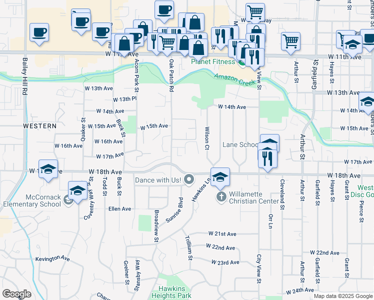 map of restaurants, bars, coffee shops, grocery stores, and more near 1665 Oak Patch Road in Eugene
