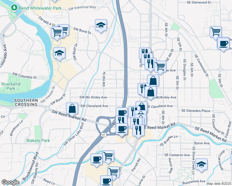 map of restaurants, bars, coffee shops, grocery stores, and more near 45 Southeast Roosevelt Avenue in Bend