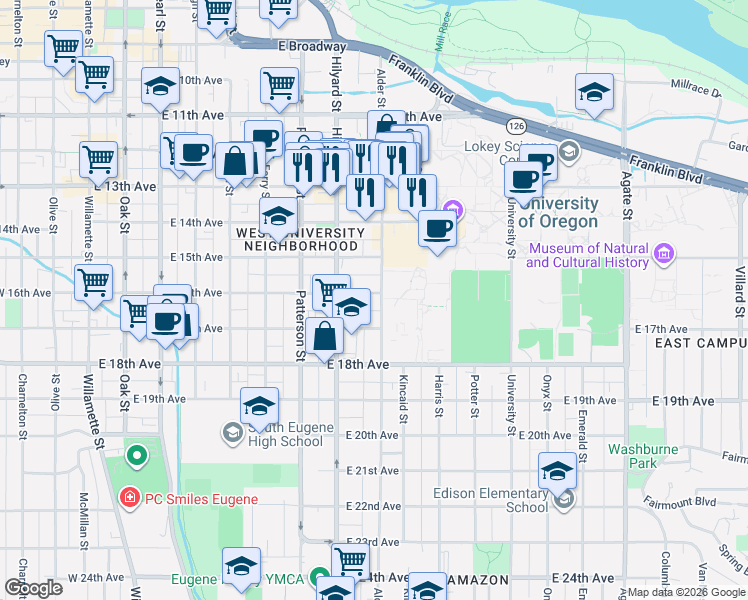 map of restaurants, bars, coffee shops, grocery stores, and more near 749 East 17th Avenue in Eugene