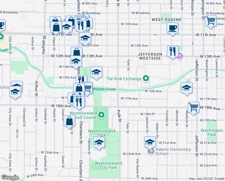 map of restaurants, bars, coffee shops, grocery stores, and more near 1380 West 17th Avenue in Eugene
