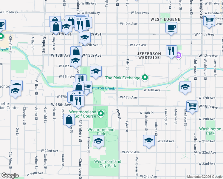 map of restaurants, bars, coffee shops, grocery stores, and more near 1380 West 17th Avenue in Eugene