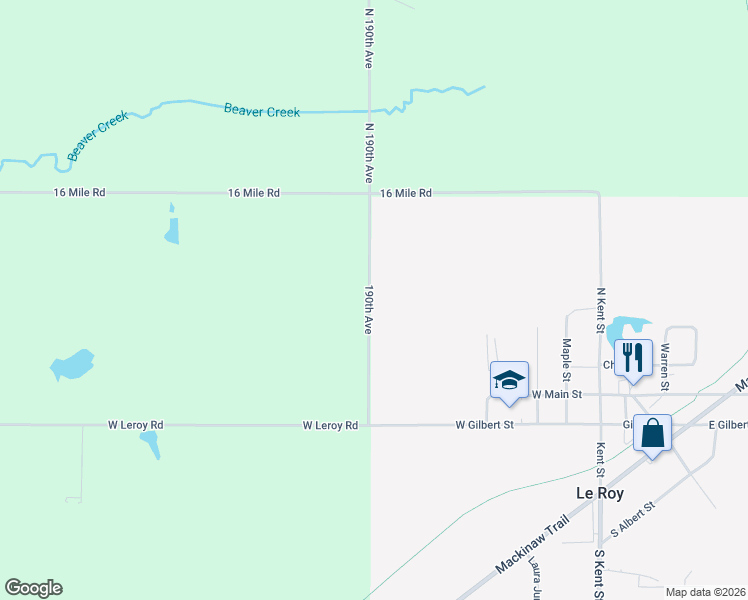 map of restaurants, bars, coffee shops, grocery stores, and more near 10686 190th Avenue in Le Roy