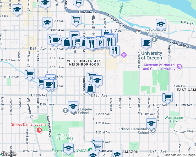 map of restaurants, bars, coffee shops, grocery stores, and more near 736 East 16th Avenue in Eugene